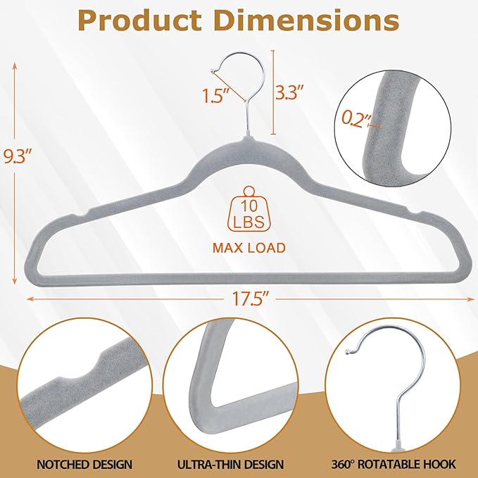 SUPER DEAL Velvet Hangers 100 Pack, Premium Clothes Hanger Slim Non-Slip Notched for Suit Coat Pants, Dress 360 Degree Swivel Space Saving Heavy Duty for Closet, Grey