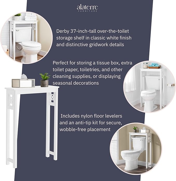 Derby Over-the-Toilet Storage Shelf – 37" Tall Bathroom Space Saver with Fixed Shelf & Open Gridwork Design – Modern Freestanding Organizer for Toiletries & Towels by Alaterre Furniture (White)