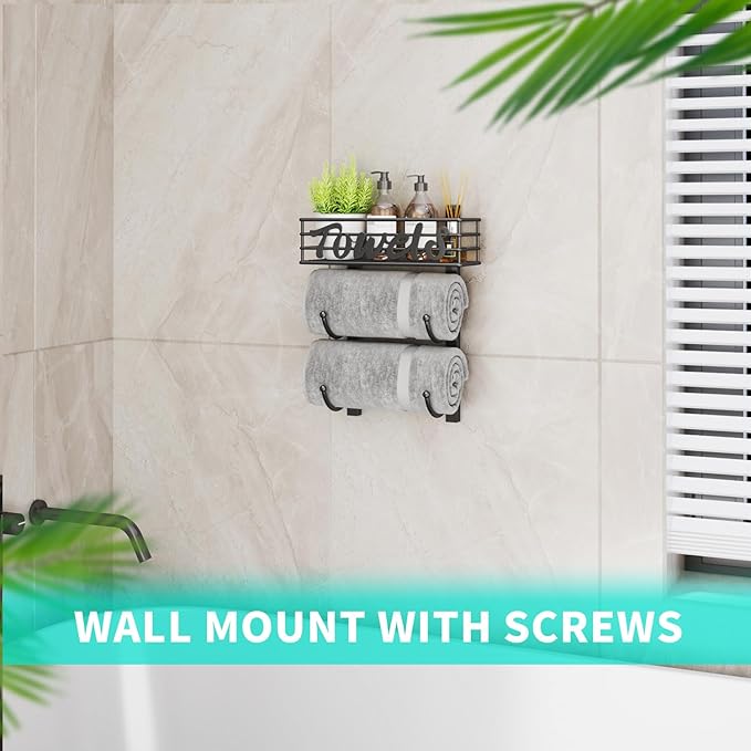HapiRm Towel Racks for Bathroom Storage - 3 Tier Over The Door & Wall Mount Rolled Towel Storage Organizer Holder with Metal Shelf Basket for Small Bathroom, Camper, Rv - Black, Patented
