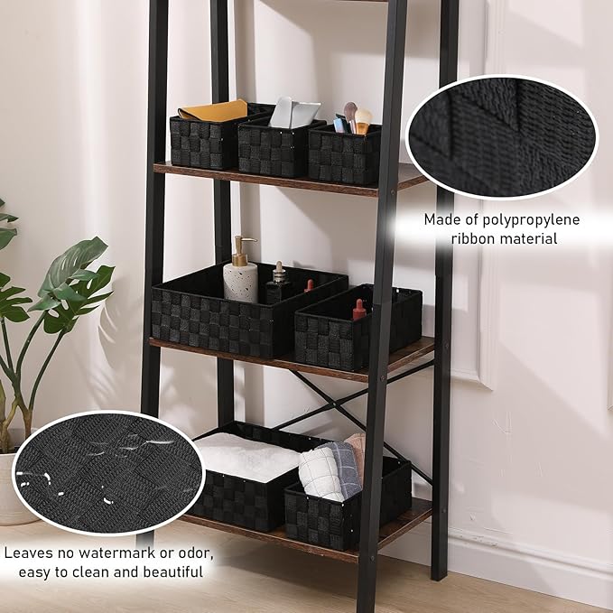 Storage Bins Woven Organizer Set of 7 – Polypropylene Storage Baskets with Metal Frame, Stackable Fabric Boxes for Drawers, Closet, Shelf, Nursery and Office, Black