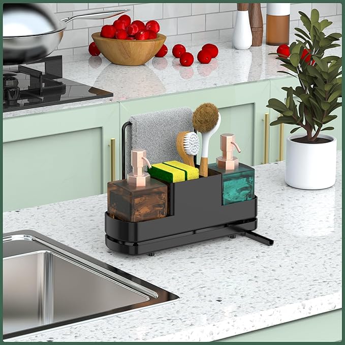 FUNKYLEE Sink Caddy Kitchen Sink Organizer, Black Kitchen Counter Organizer, Scrub Brush Holder, Plastic Sponge Holder for Dish Soap, Soap Dispenser, Sponge, Towel