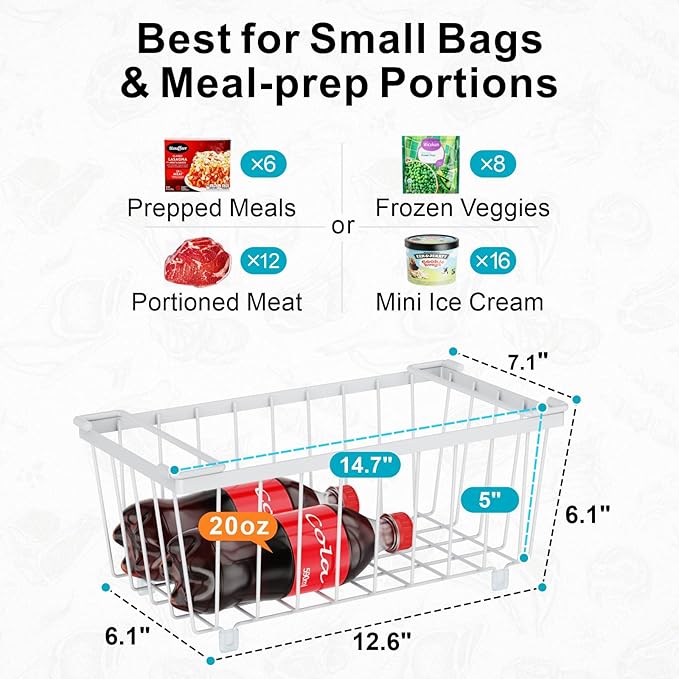 iSPECLE Chest Freezer Organizer Bins - Fits 7 Cu.Ft Deep Freezer, 6 Pack Stackable Wire Baskets(14.7" Length), Heavy Duty Coated Freezer Organizer, Rust Resistant for Frozen Food Sorting, White