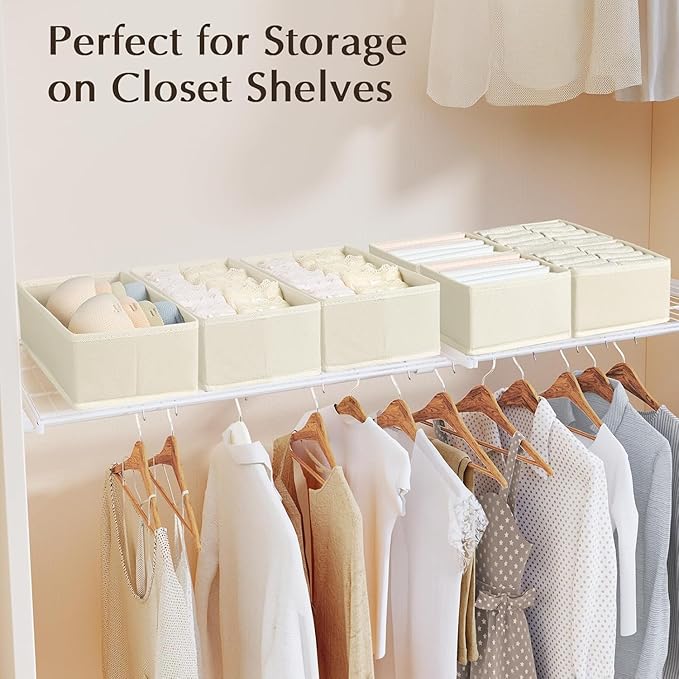 DIMJ Drawer Organizers Clothes, Set of 10 Dresser Organizer Bins, Fabric Closet Organizers and Storage, Shallow Drawer Dividers for Nursery, Clothing, Baby Clothes, Socks, Underwears, Tie (Beige)