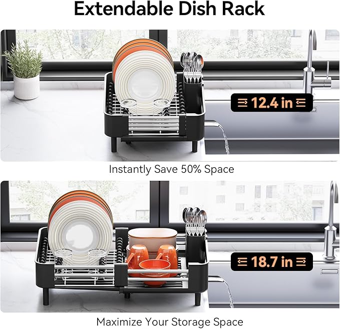 Stainless Steel Dish Drying Rack - Dish Drainer for Kitchen Counter, Extendable Drainboard with Foldable, Space-Saving Cup & Bowl Organizer, Includes Knife and Utensil Holder, Black