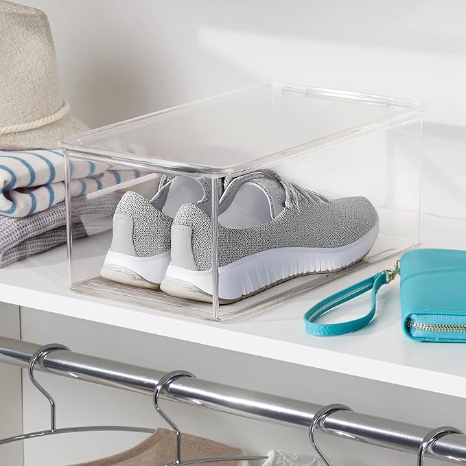 iDesign Stackable Shoe Box with Hinged-Lid for Wedges or Sandals, Set of 4, Clear, Made in USA