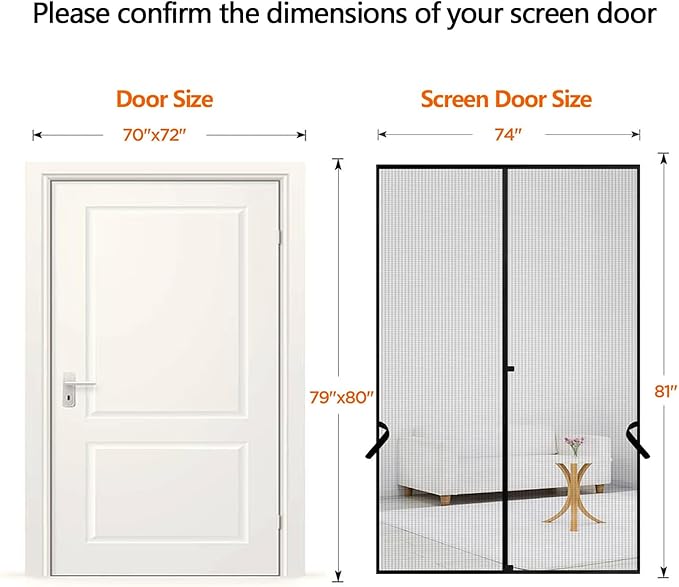Sunolga 74 x 81 Inch Magnetic Screen Door, Fits Doors Size 72 x 80 Inch, Reinforced Fiberglass Screen Door Mesh with Full Frame Hook & Loop, Door Screen Magnetic Closure for Hands-Free