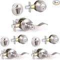 Knobonly 3 Sets of Front Exterior Door Knob Set with Single Cylinder Deadbolts in Satin Nickel Finish, All Keyed Same Combo Pack, Wave Style Entry Door Lever Locks with Combinations
