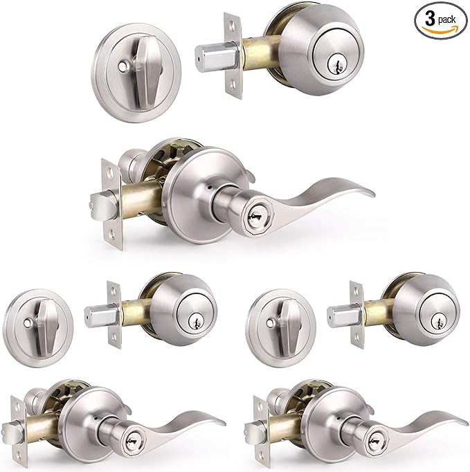Knobonly 3 Sets of Front Exterior Door Knob Set with Single Cylinder Deadbolts in Satin Nickel Finish, All Keyed Same Combo Pack, Wave Style Entry Door Lever Locks with Combinations