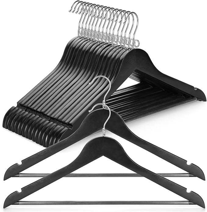 TOPIA HANGER Black Wooden Hangers 30 Pack, Space Saving Coat Hanger with 360° Swivel Cascading Loop Hook, Non Slip Pants Bar and Shoulder Notches for Camisole, Jacket, Suit, Clothes Hangers -CT74B30