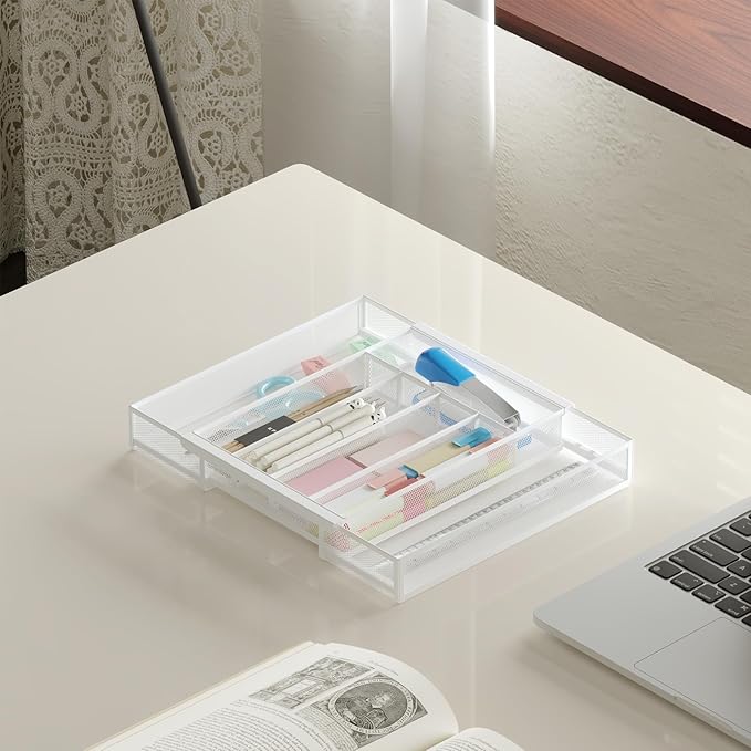 Silverware Organizer Metal Mesh, Drawer Organizer, Utensil Cutlery Tray for kitchen drawers,Expandable Flatware Organizer with 7 Compartment White 9.6"~16.1" x 13.8"