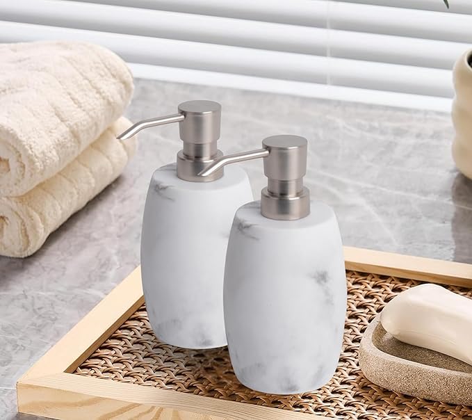 Resin Soap Dispenser Set 2, Refillable Hand Soap Dispenser with White Marble Look and Metallic Pump, Kitchen, Bathroom, Waterproof Labels (12 Oz)