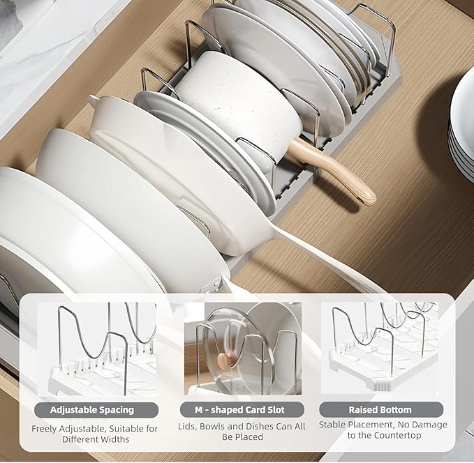 Expandable Pot and Pan Organizer Rack for Kitchen Cabinet or Under Sink, Adjustable Lid Holder with 7 Dividers, Space-Saving Storage for Renters, Small Homes, and Busy Cooks, White