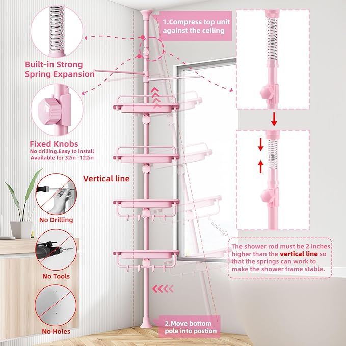 32-122inch Corner Shower Caddy Tension Pole Pink, Rustproof Drill-Free Shower Shelves for Bathroom Bathtub Washbasin, Adjustable Shower Organizer with 4 Tier Patent Stable Shelves & Towel Bars