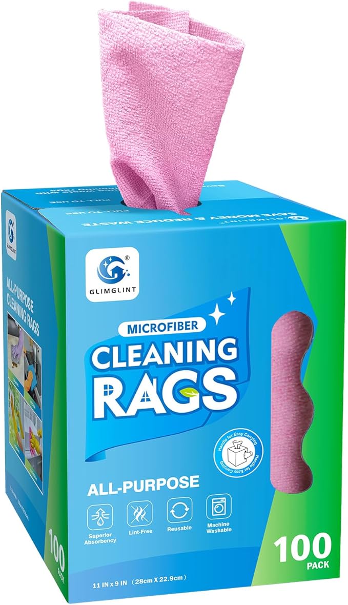 GLIMGLINT Pink Microfiber Cleaning Cloth, 100 Pack Cleaning Rags, Lint-Free, Ultra Absorbent Reusable Paper Towels for Home, Kitchen, Car, Garage or Shop, Dish Rags, 11" x 9"
