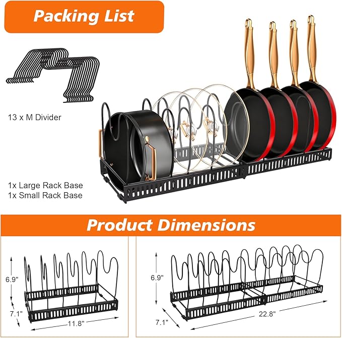 2 Pack Pot and Pan Organizer Rack, 12"-23" Expandable Pot Lid Organizer with 13 Adjustable Dividers, Pan Holder Storage Rack for Kitchen Cabinet, Black&White