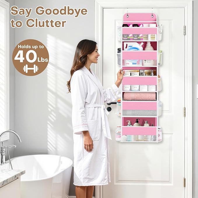 SpaceWhisper Over the Door Organizer, 5 Large Pocket Hanging Storage Organizer with 40lb Capacity, Space Saving for Nursery, Bathroom, Bedroom, Closet - Baby Essentials & Toiletry Organizer (Pink)