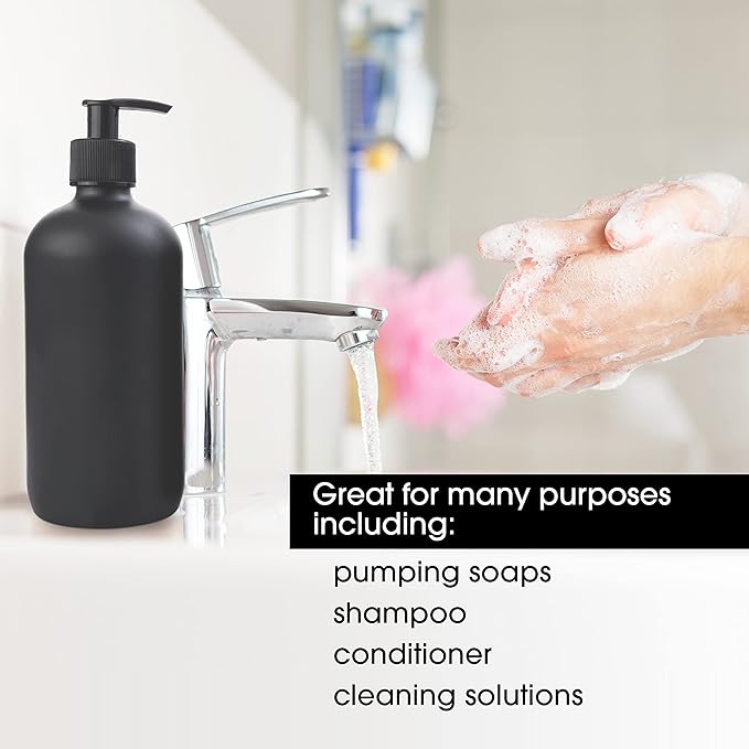 Black Boston Round Glass Bottles, 16oz | Glass Spray Bottle & Soap Dispenser | Reusable for Cleaning & More | Set of 2