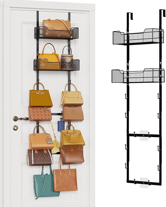 Over The Door Purse Organizer,Purse Storage Rack with 12 Hooks and 2 Adjustable Metal Basket,for Door,Hanging Handbag Storage Organizer Holds up to 12 Bags,for Closet,Black
