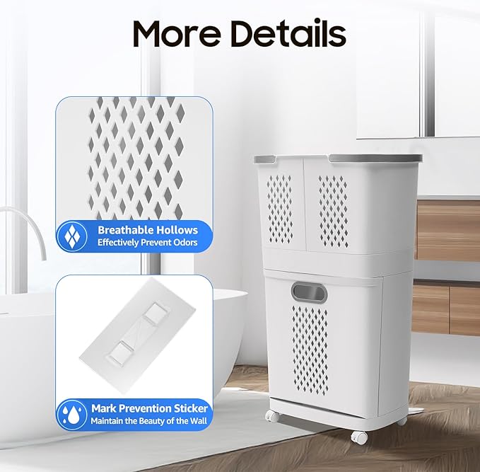 Laundry Basket, 2-Tier 3 Basket Shelf Movable Household Bathroom Rolling Cart Organizer Clothes Storage With 4 Wheels White For Kitchens, Bathrooms, Bedrooms, Dormitories, Classrooms, Laundry Rooms