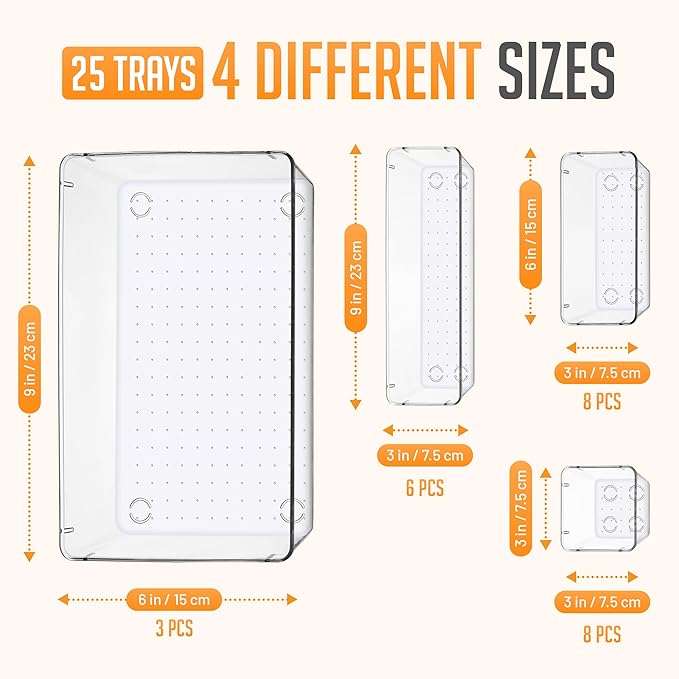 Masirs Clear Drawer Organizer Set - 25 Piece Plastic Storage Bins for Desk, Bathroom, Kitchen, Vanity - Modular Tray System for Makeup, Office Supplies, and Small Item Organization