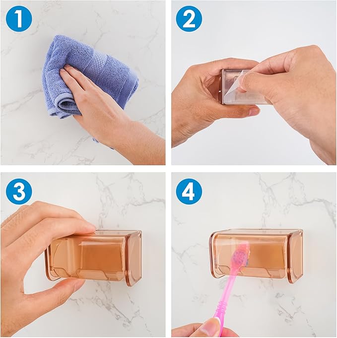Toothbrush Holder Wall Mounted with Cover for Bathroom, 2 Slots Toothbrush Storage Organizer for Shower, Self Adhesive Toothbrush Hanger Rack for Dorm, Cabinet (Brown)
