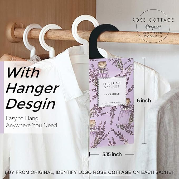 ROSE COTTAGE Large 12 Packs Hanging Closet Deodorizer Air Freshener Scented Sachets Long Lasting Smell Goods 6 Scents Option - Lavender, Linen, Cotton, Mint, Jasmine, Rose