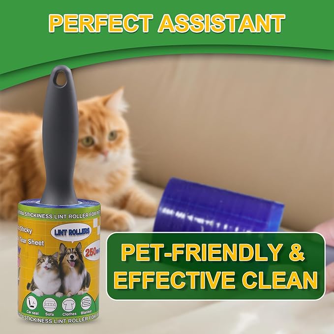Sunroda Lint Roller Pet Hair Value Pack of 250 Sheets, Extra Sticky Lint Remover for Dog & Cat Fur, Clothes, Furniture, Couches Reusable Lint Remover for Fuzz, Fluff & Hair (Blue)