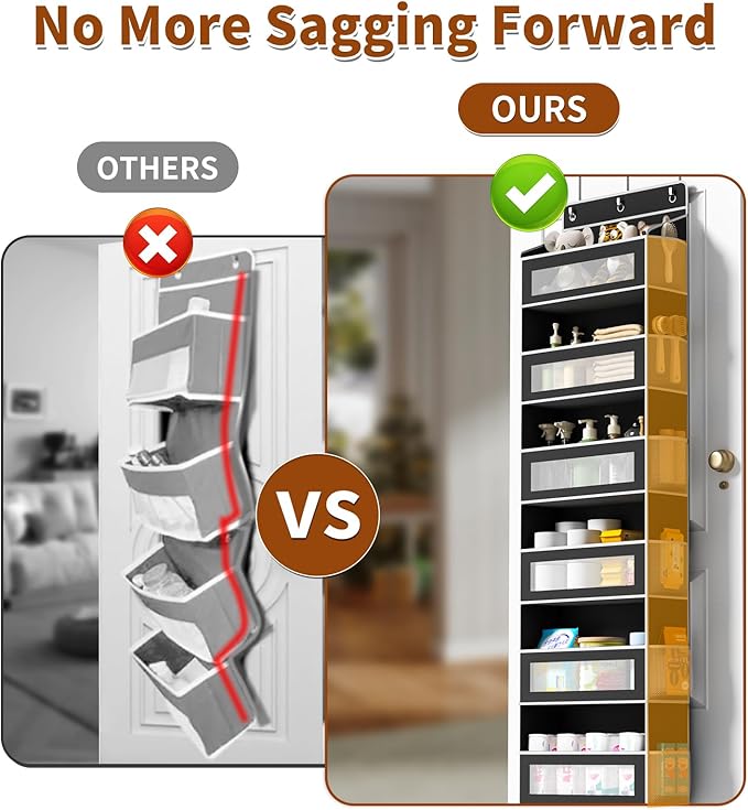 Over The Door Organizer with 6 Large Pockets, Over the Door Storage 12 Side Pockets, Hanging Door Organzier 44 lb Load Behind Door Storage Hanging Shelf for Closet Wall Bathroom Nursery, 6-Tier Black