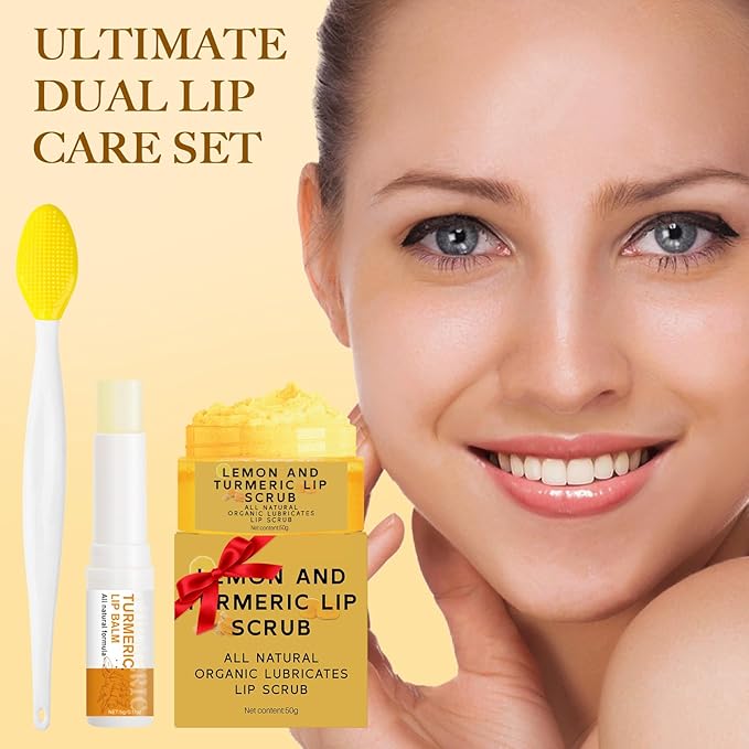 3PCS Turmeric Lemon Lip scrub and Turmeric Lip Balm with Brush Set, Lip Scrubber Exfoliator, Dark Lips Treatment for Smokers, Natural Exfoliator & Moisturizer Cracked, Dull, Reduce Fine Lines Lips