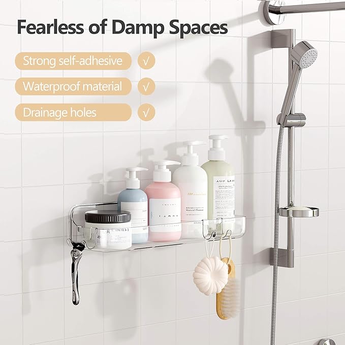 UDD Acrylic Clear Shower Caddy Shower Organizer, Plastic Adhesive Shelf with Hook and Self Adhesive Tape, No Drilling Wall Mount Shower Shelves for Bathroom Kitchen, Transparent