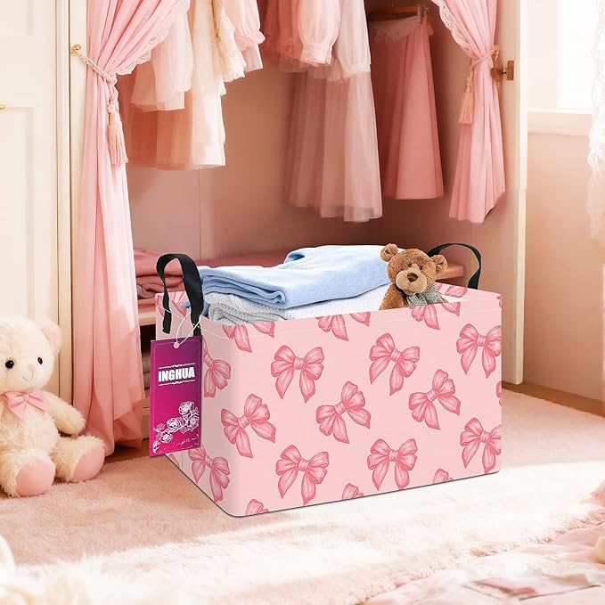 Rectangular Storage Basket Fabric Organizer Bin for Toys,Books,Clothes,Gifts,Pets-Perfect for Home,Office,Nursery,Dorm,Shelf(Rec-Pink bowknots )