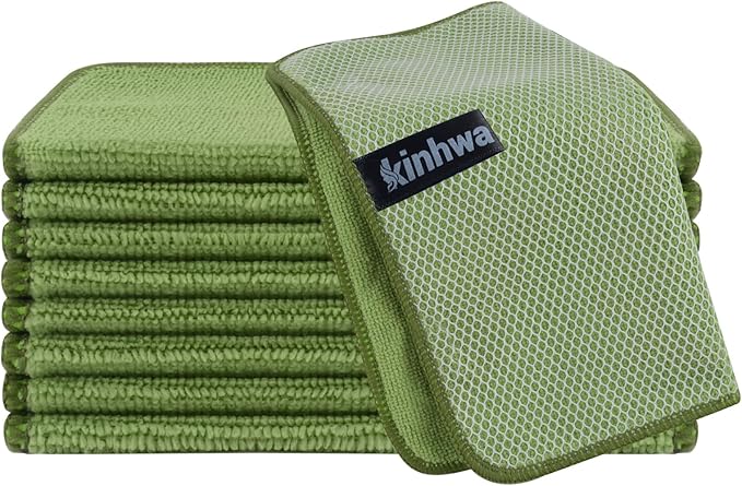 KinHwa Kitchen Washcloths for Dishes Absorbent Microfiber Dish Cloths Quick Dry Dish Rags with Poly Scour Scrub Side Ideal for Kitchen Cleaning (Green, 12inchx12inch 9 Pack)