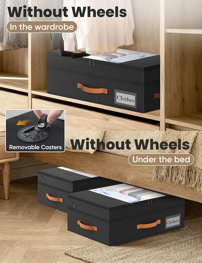 2-Pack Under Bed Storage with Wheels and 6 Vacuum Seal Bags, Adjustable Height 7.9"-10.2",63L Clear Lid Expandable Organizer for Bedding Blankets Clothes Shoes Toys,Space Saving Quick Assembly, Black