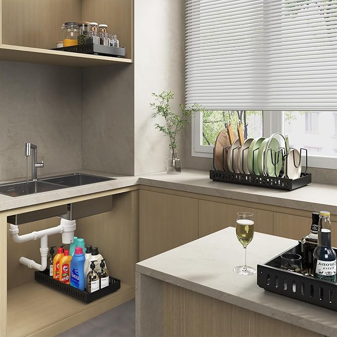 2PCS Black Pot Lid Organizer, Pull-out Pots and Pans Organizer, Under Cabinet Pot Lid Holder for Kitchen, Sliding type Pots and Pans Storage with 16 Adjustable Dividers for Cabinet Pantry Countertop