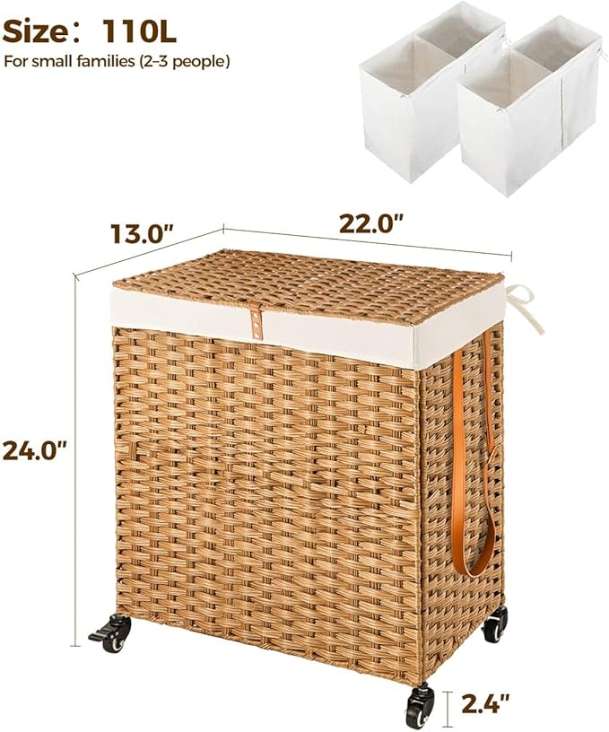 Greenstell Laundry Hamper with Wheels, No Install Needed, 110L Divided Handwoven Hampers & 2 Removable Liner Bags, Synthetic Rattan Clothes Laundry Basket with Lid & Handles, Foldable Hampers Natural