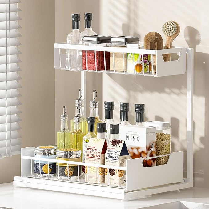 Under Kitchen Sink Organizers and Storage Pull Out 2 Tier Metal Bathroom Cabinet Organizer (White, 1 Pack)