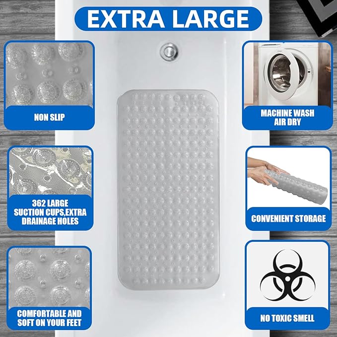 ZHICHENG Bath Mat - Shower Mat Non Slip - Long 31.88 x 15.74 Inch Bathroom Mats for Tub Nonslip - Anti Slip Bathmats - Bathtub Mat Non Slip with Massage Particles (Transparent)