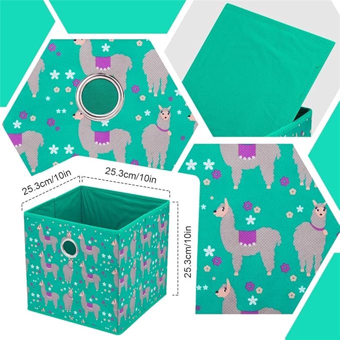 Fabric Strorage Cubes Box Basket Bins Foldable 10x10x10 Inch Emerald Green Alpaca Pattern for Closet Organizer Inserts Drawers ,QY-SC16-6