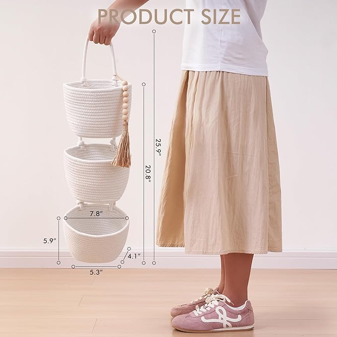 Fabric Wall Hanging Organizers - Small Woven Baskets Pouches Set Boho Style Wall Mounted Bag with Adhesive Hook, Storage Decoration Pocket Caddy for Closet Playroom RV Nursery (White & White)