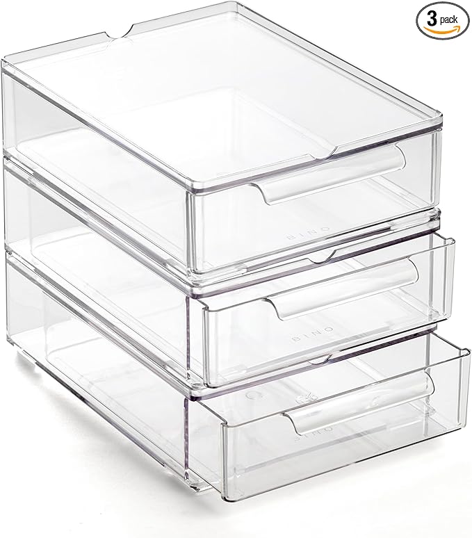 BINO | Clear Stackable Storage Drawers, Small - 3 Pack | Clear Storage Drawers with Built-In Handles | Durable Plastic Organizer Drawer | Modular Stackable Drawer Acrylic Organizer