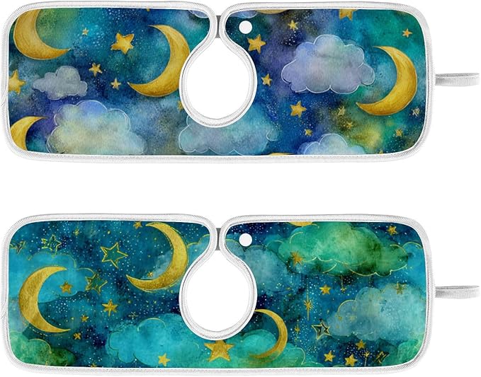 Sink Faucet Absorbing Mat Kitchen Sink Splash Guard Splash Faucet Drip Catcher for Bar RV Bathroom 2PCS 23.6x5.5in Watercolor Moon Star Green
