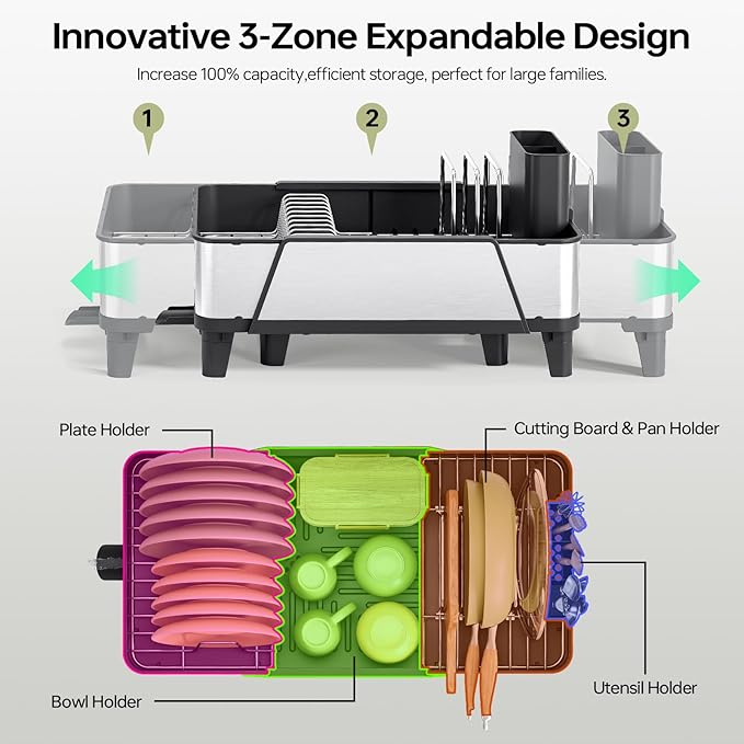 Large Dish Drying Rack - Triple Expandable Dish Rack for Kitchen Counter, Stainless Steel Sink Organization and Storage Essentials with Utensil & Pans Holder for Home and Appartment, Black