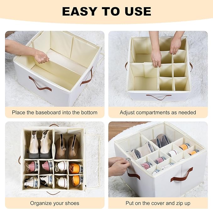 Fabric Shoe Organizer for Closet, Foldable Shoe Storage Bins with Clear Cover, Shoe Container with Adjustable Dividers, Fits up to 16 Pairs, White