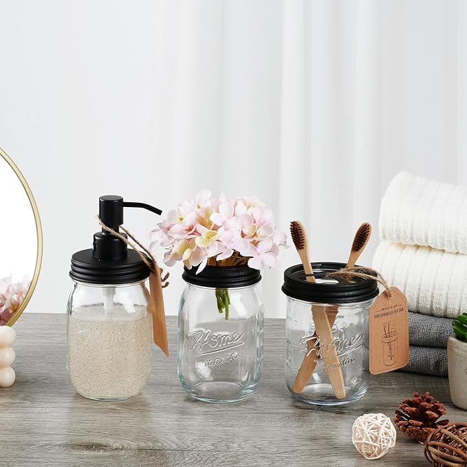 SheeChung Mason Jar Bathroom Accessories Set, 2Pcs Glass Bathroom Accessory Set, Soap Dispenser, Toothbrush Holder, Bathroom Decor, Rustic Farmhouse Decor - Black