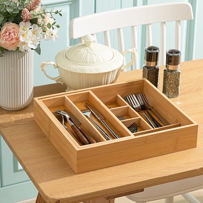 Double Bamboo Kitchen Drawer Organizer, 2-tier Utensil Deep Drawer Organizer, Removable Utensil Holder and Cutlery Tray Storage for Chopsticks, Spoons, Forks, Various Tableware and Cookware