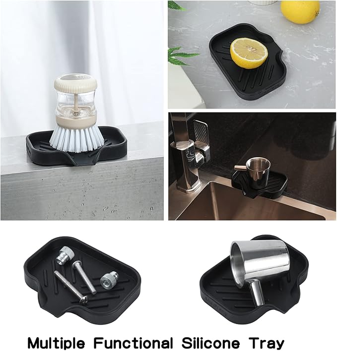 MicoYang Silicone Bathroom Soap Dishes with Drain Spout-Bathroom and Kitchen Sink Organizer,Sponge Holder,Dish Soap Tray,Perfect for Dispenser,Scrubber,Bottle,Cup on Sink or Counter-Black 4.9"×3.2"