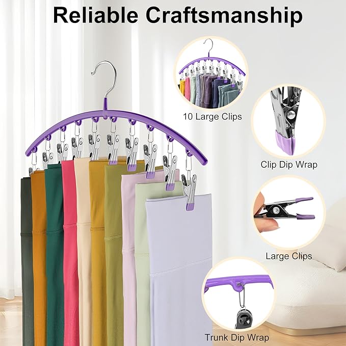 Legging Organizer for Closet, Metal Yoga Pants Hanger w/Rubber Coated 1 Pack w/10 Clips Hold 10 Leggings, Hangers Space Saving Hanging for Closet Organizers and Storage-Purple