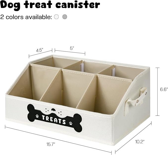 Dog Treat Container, Dogs Storage Organizer with Removable Dividers, Collapsible Dogs Treat Holder for Countertop, Trapezoid Pet Treats Containers, Dog Toy Basket with PU Handles, Medium, Beige