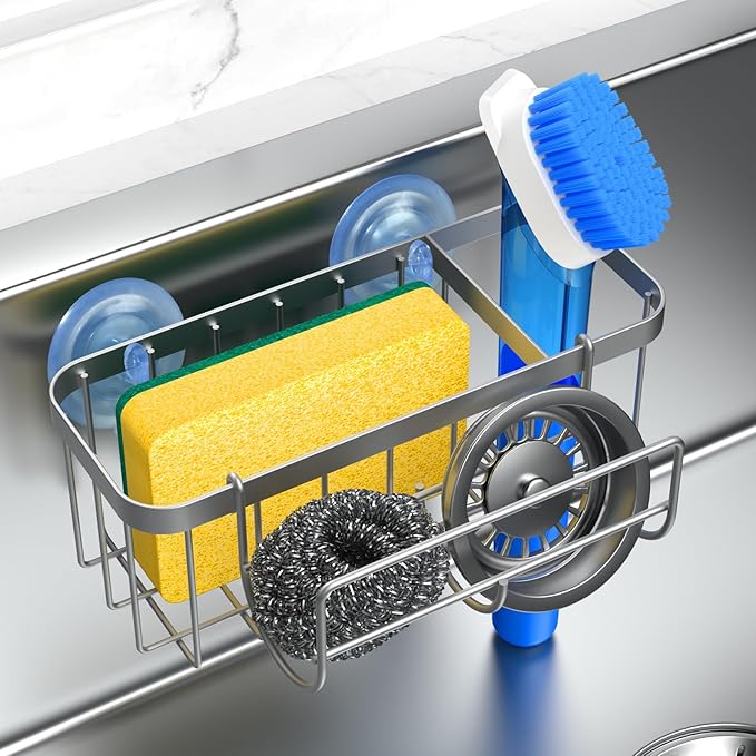 3-in-1 Kitchen Sink Caddy Organizer with Sponge Holder, Brush Holder, Extra Rack for Scrubber, Sink Stopper, Dish Cloth Hanger - Strong Dual Suction Cup, 2.0mm SUS304 Stainless Steel - Silver
