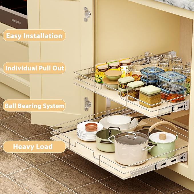 ROOMTEC 2 Tier Individual Pull Out Cabinet Organizer 28½"W x 21½"D, Slide Out Wood Shelves Organizers, Pull Out Drawers Organization and Storage for Kitchen Cabinet